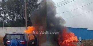 ರಸ್ತೆ ಮಧ್ಯೆ ಹೊತ್ತಿ ಉರಿದ ಕಾರು : ಚಾಲಕ ಪ್ರಾಣಾಪಾಯದಿಂದ ಪಾರು
