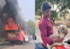 ಪ್ರೇಮ ವೈಫಲ್ಯದಿಂದ ಬಸ್ಸಿಗೆ ಡಿಕ್ಕಿ ಹೊಡೆದು ಸೂಸೈಡ್ – ಬೈಕ್ ಸವಾರ ಸಜೀವ ದಹನ, ಹೊತ್ತಿ ಉರಿದ ಬಸ್