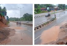 ರಾಷ್ಟ್ರೀಯ ಹೆದ್ದಾರಿ ಚತುಷ್ಪಥ ರಸ್ತೆಯಲ್ಲಿಯೇ ತುಂಬಿದೆ ನೀರು- ಅವೈಜ್ಞಾನಿಕ ಕಾಮಗಾರಿಗೆ ನಿದರ್ಶನ