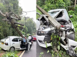 ಬೆಳ್ತಂಗಡಿ : ವಿದ್ಯುತ್ ಕಂಬಕ್ಕೆ ಕಾರು ಢಿಕ್ಕಿ – ಪ್ರಯಾಣಿಕರು ಪಾರು