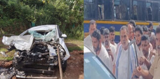ಮಾಜಿ ಸಚಿವ ರಮಾನಾಥ ರೈ ಪ್ರಯಾಣಿಸುತ್ತಿದ್ದ ಕಾರು ಮತ್ತು ಖಾಸಗಿ ಬಸ್ ನಡುವೆ ಅಪಘಾತ